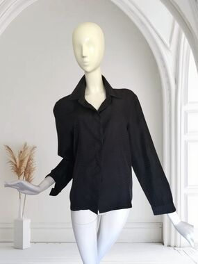 100% Silk Simon Chang Black Button-Down Blouse with Subtle Dot Texture